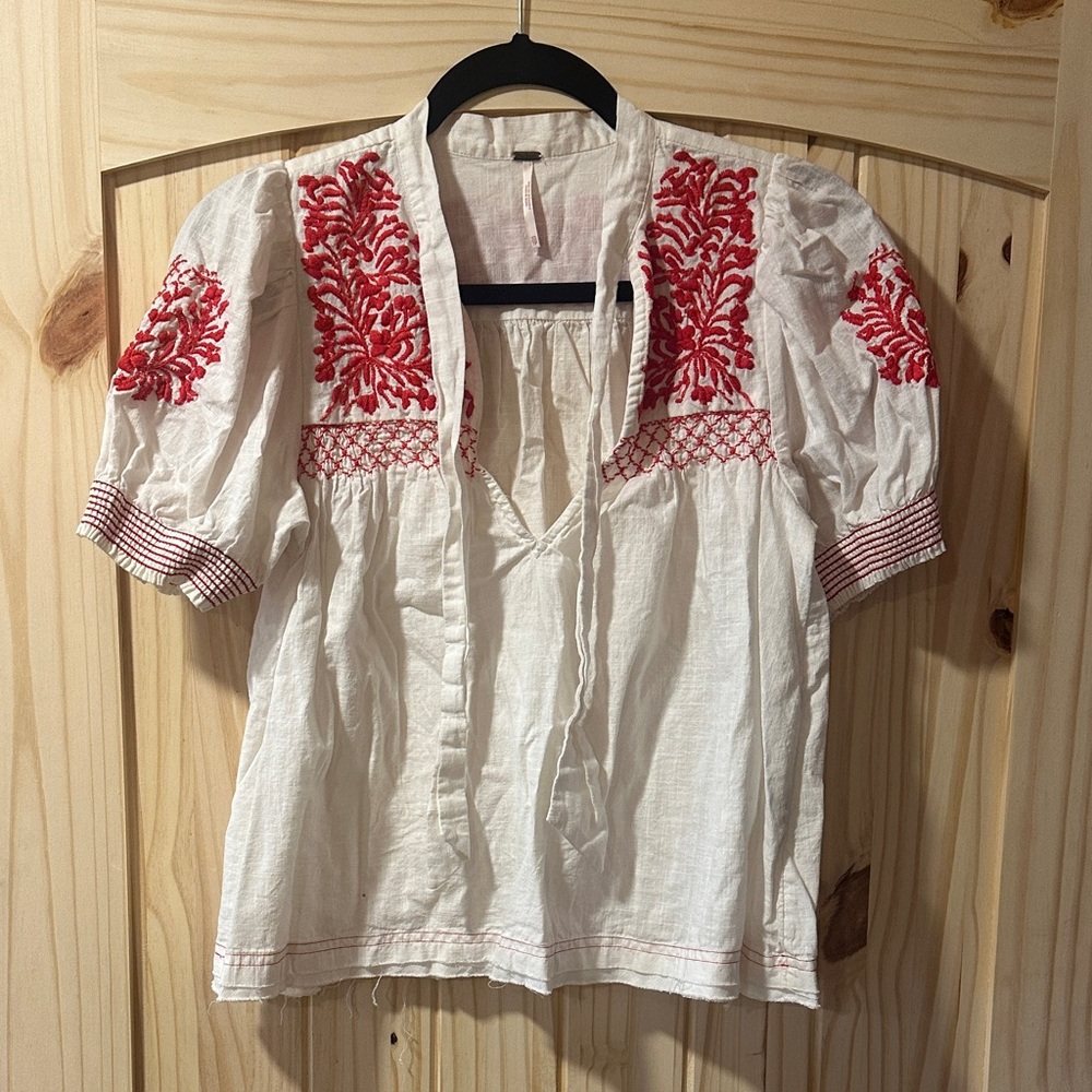 Free People Cream Blouse with Red Embroidery